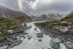 New Zealand Landscapes Prints: River Hooker River, Cloudy Mountains