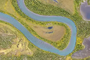 Prints of River landscape from the air, close-up, course of the Visttasjohka river, Nikkaluokta, Lapland, Sweden River Prints: River Landscape Print from the Air, Nikkaluokta, Sweden