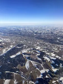 Snowy Village Germany Prints: River loop, fields and villages with snow in winter