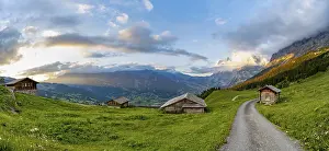 Swiss Mountain Landscape Prints: Road, alpine huts and alpine meadows