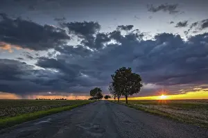 Dramatic Evening Sky Prints: On the empty road between fields after harvesting at dramatic sunter