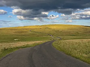 European Countryside At Dusk Prints: Road running through rolling fields under cloudy sky at dusk