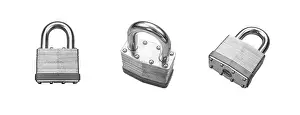 Safety Precaution Prints: Robust padlock set of different angles isolated on a white background