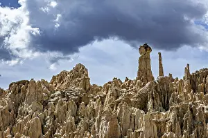Prints of Rock formations with a cloudy sky, a rock formation resembling a sculpture, The Valle de la Luna Moon Valley near La Paz in Bolivia Bolivia Prints: Rock Formations with Cloudy Sky Print, Bolivia