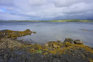 United Kingdom Travel Photography Prints: Rocky shore with seaweed on lake and green hills in the background
