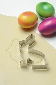 Sweet Biscuit Cutters Prints: Rolled dough with bunny cookie cutter and easter eggs