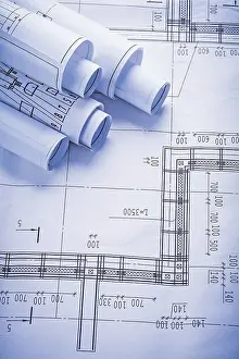 Blueprint Details Prints: Rolls of blueprints with organized copyspace