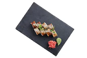 Fresh Fish Dish Prints: Rolls with eel isolated on white background