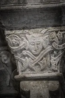 Prints of Romanesque capital with a devil, Pre-Romanesque temple of Santa Maria de Wamba, 10th century, Montes Torozos region, Valladolid, Castile and Leon, Spain Romanesque capital with a devil Valladolid Prints: Romanesque Capital with Devil Print, 10th century Spain