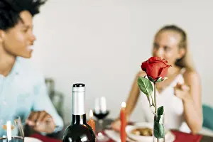 Food Photography Couples Prints: A romantic dinner setting features a red rose