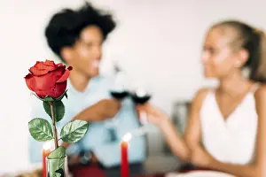 Elegant Table Setting Prints: A romantic dinner setting featuring a red rose in focus