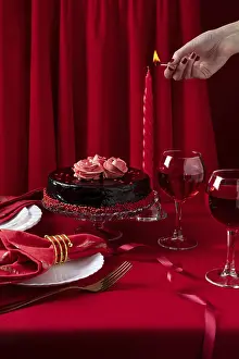 Romantic Dinner Setting Prints: Romantic table setting with white dinnerware and red napkins