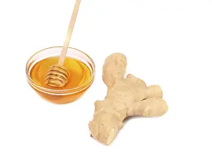 Ginger Health Benefits Prints: Root Ginger sliced and bow of honey