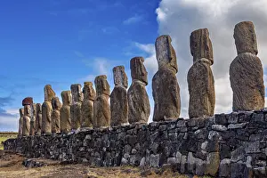 Polynesian Culture Prints: Row of Moai statues on Easter Island