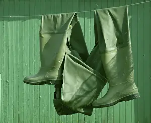 Deserted Clothesline Scene Prints: Rubber boots, waders