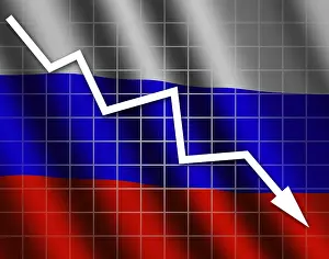 Uninhabited Country Flags Prints: The Russian flag and arrow graph going down