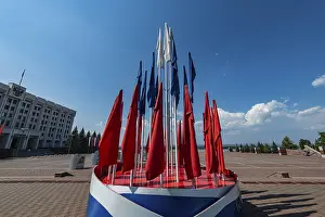 Prints of Russian flags before the Monument of Glory, Samara, Russia Samara Prints: Russian Flags Before the Monument of Glory Print, Samara
