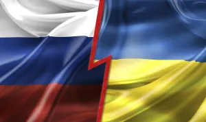 Eastern European Conflict Prints: Russian and Ukrainian flags split by a red lightning bolt