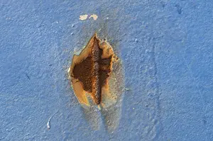 Deserted Urban Environment Europe Prints: Rust spot on blue painted wall