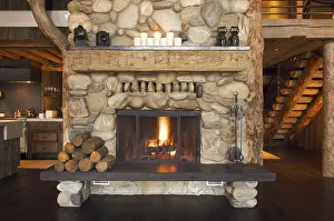 Log Cabin Interior Prints: Rustic fireplace in log cabin