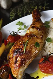 Country Style Meal Prints: Rustic fried chicken legs with assorted vegetables and rice