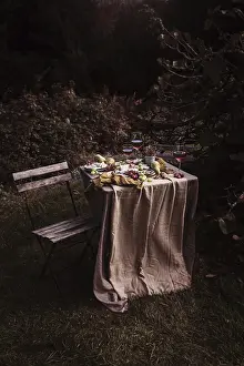 Outdoor Picnic Setup Prints: A rustic outdoor table set with an array of snacks
