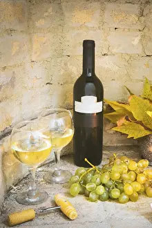 Wine Growing Region Scenery Prints: Rustic wine still life with bottle