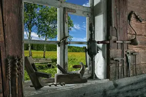 Black Forest Landscape Prints: Rustic workshop with old tools and view out of the window into the landscape