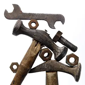 No People Background Image Prints: Rusty hammers, Old tools on white background