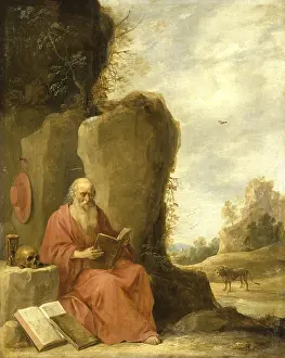 Prints of Saint Jerome in the Desert (ca. 1640-1645), painting by David Teniers (baptised 15 December 1610 in Antwerp, died 25 April 1690 in Brussels), Flemish painter, draughtsman and curator Portrait Painting Prints: David Teniers' Saint Jerome in the Desert Print (1640-1645)