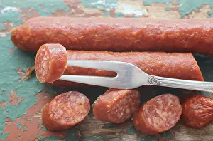 Meat Products Images Prints: Salami with a fork