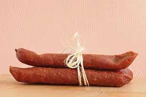 Meat Products Studio Shot Prints: Two salami tied together