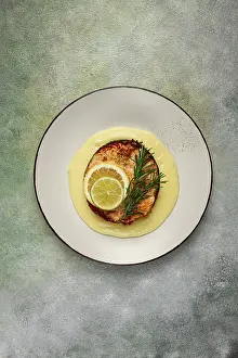 Fried Salmon Prints: Salmon steak, fried, mashed potatoes