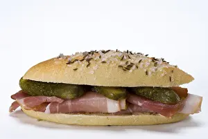 Food Still Life Studio Shot Prints: Salted roll with ham and pickles