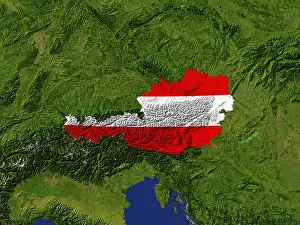 Prints of Satellite image of Austria with the country's flag covering it Satellite image of Austria with the country's flag covering it Map Prints: Satellite Image of Austria with Flag Print