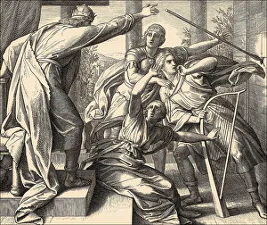 Saul Attacks David Print, a woodcut depiction of an Old Testament scene