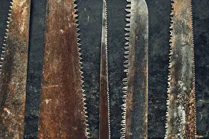 Rusty Tools Prints: Saws on metal surface. Rusty tools for maintenance