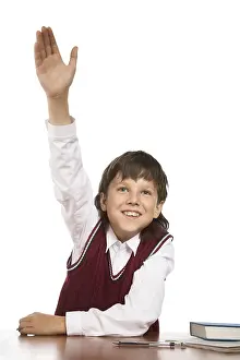 Young Learner Education Prints: School boy hand raised for answer or question