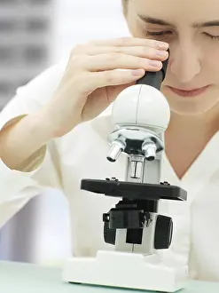 Laboratory Equipment Prints: Scientist looking through a microscope