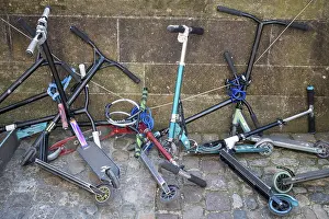 Switzerland Urban Landscape Prints: Several scooters attached to each other chaotically