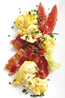 Still Life Images Prints: Scrambled eggs and breakfast bacon
