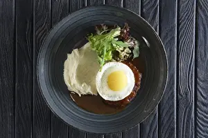 Barbecued Pork Meat Prints: Scrambled eggs with cutlet and mashed potato