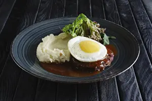 Mashed Potato Dish Prints: Scrambled eggs with cutlet and mashed potato