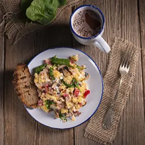 Empty Grocery Store Scene Prints: Scrambled eggs with tomatoes and spinach