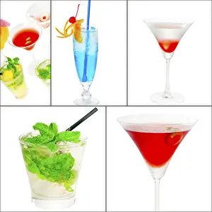 Dark Bar Scene Prints: Selection of cocktails drinks collage composition nested on a square frame