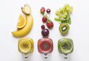 Balanced Diet Concepts Prints: Selection of multicolored smoothies and ingredients