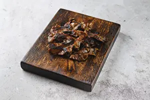 Roasted Meat Dish Prints: Serving board with fried beef bacon strips