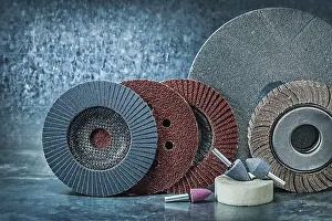 Close Up Detail Prints: Set of abrasive tools on metalic background