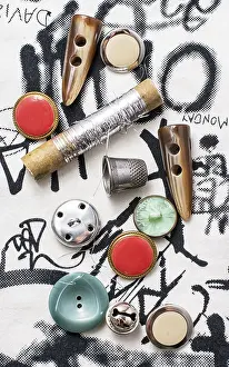 Embroidery Supplies Prints: Set of accessories for sewing threads and buttons