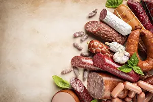 Savory Meat Dishes Prints: Set of different types of sausages